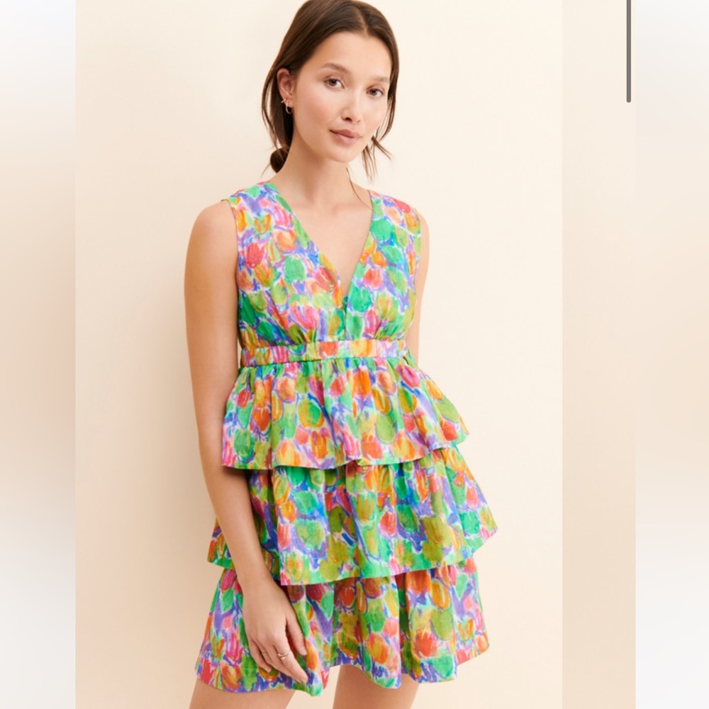 Anthropologie Hope for Flowers Floral Tiered Multicolor Linen Dress